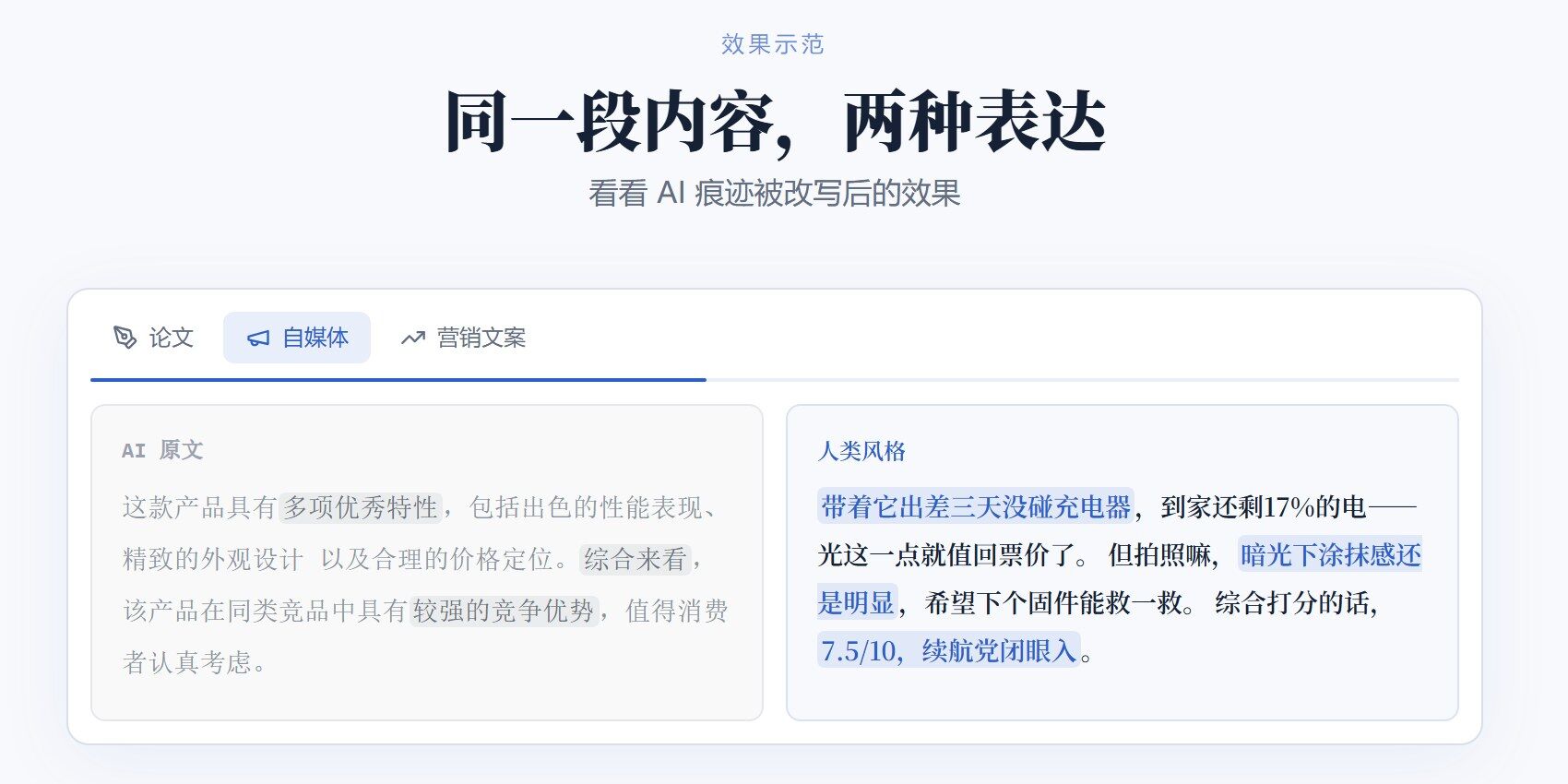 效果示范：同一段内容，AI 原文与人类写作风格逐句摆在一起对照