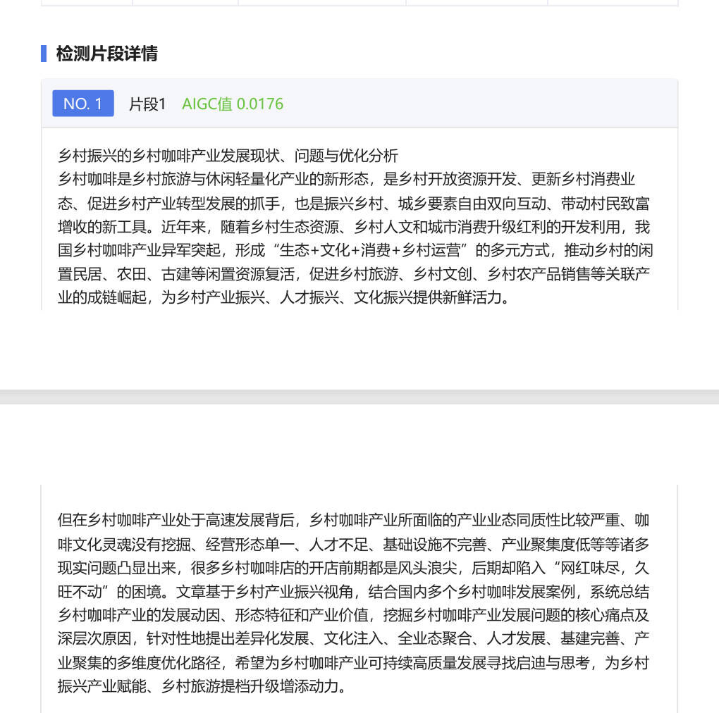 同一段内容处理后,朱雀片段 1 的 AIGC 值降到 0.0176,回到人工特征区间