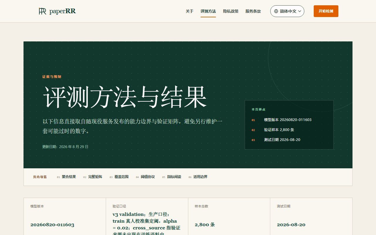 paperRR 评测方法页:公开模型版本、验证样本与测试日期